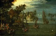 A Busy River Scene with Dutch Vessels and a Ferry, Jan Brueghel
